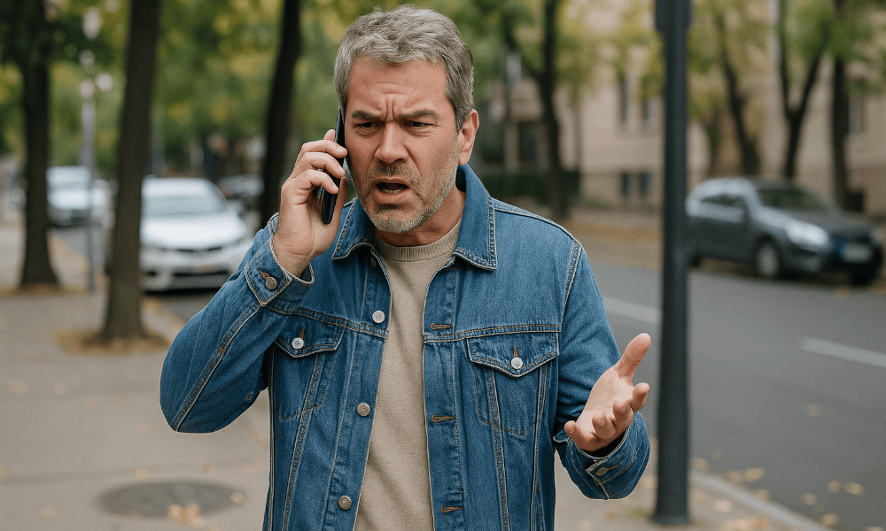 homme dans la rue faisant une réclamation au SAV Abarth au téléphone