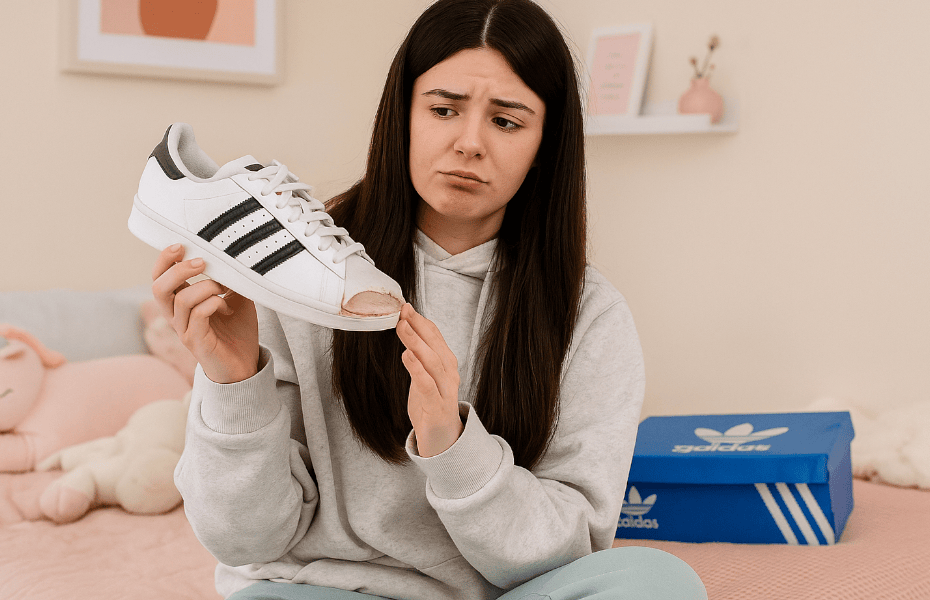 jeune femme constatant un défaut sur une basket Adidas