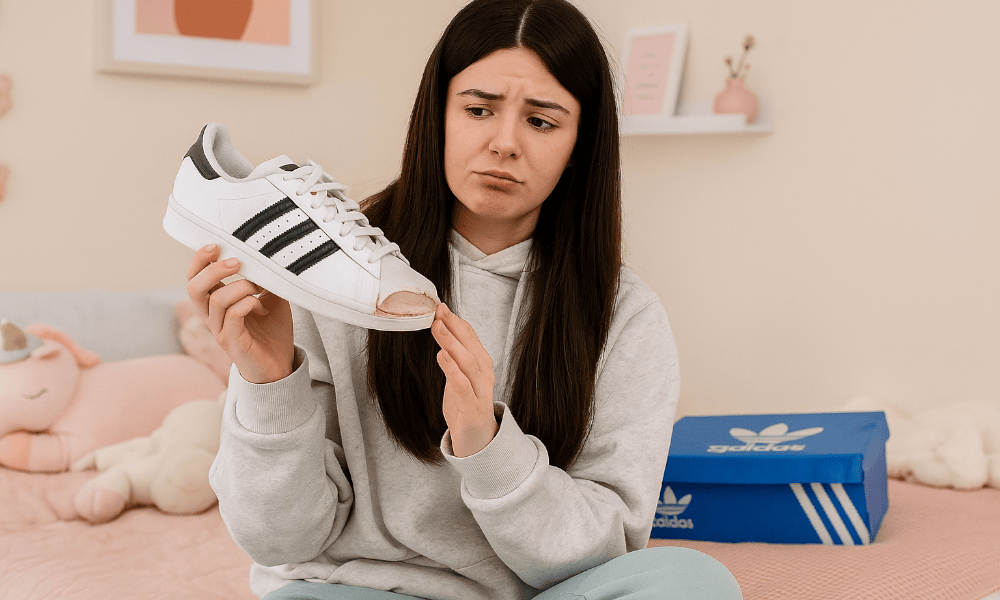 jeune femme constatant un défaut sur une basket Adidas