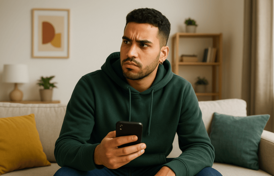 jeune homme assis sur un canapé, déçu, envoyant un message à son hôte Airbnb