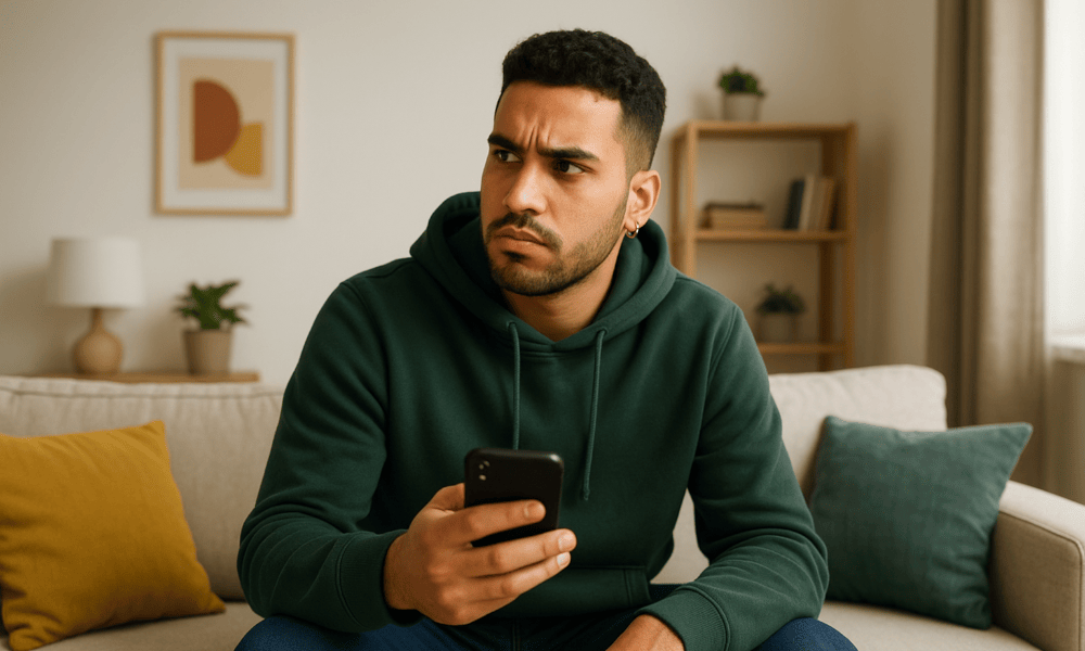 jeune homme assis sur un canapé, déçu, envoyant un message à son hôte Airbnb