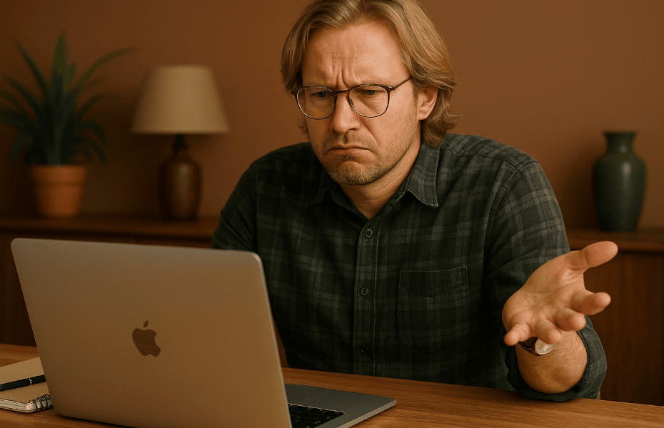 homme rencontrant un souci technique sur son Macbook Apple