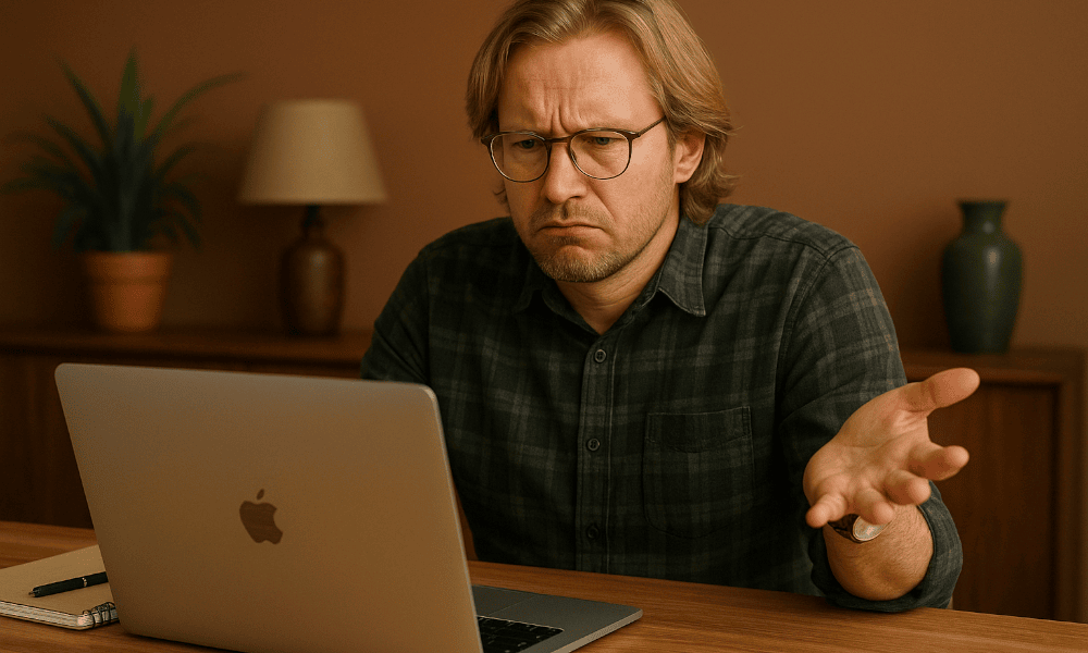 homme rencontrant un souci technique sur son Macbook Apple