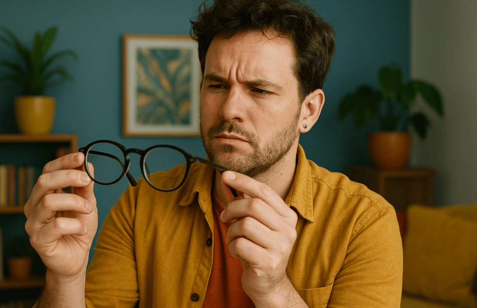 jeune homme vérifiant sa monture de lunettes achetée chez Binôche Eyewear