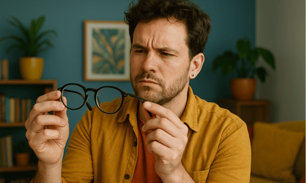 jeune homme vérifiant sa monture de lunettes achetée chez Binôche Eyewear