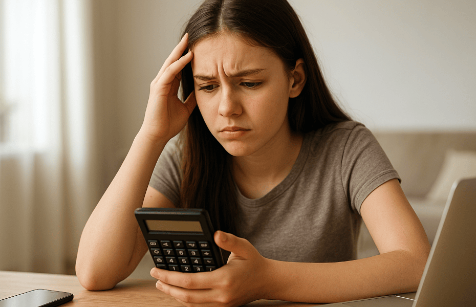 jeune femme essayant de résoudre un problème technique sur sa calculatrice Casio
