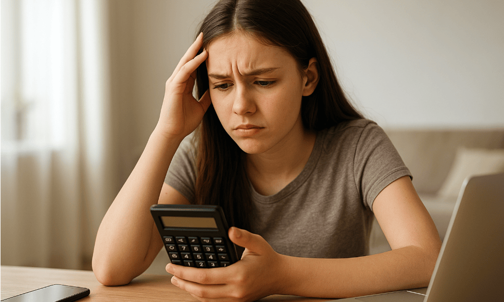 jeune femme essayant de résoudre un problème technique sur sa calculatrice Casio