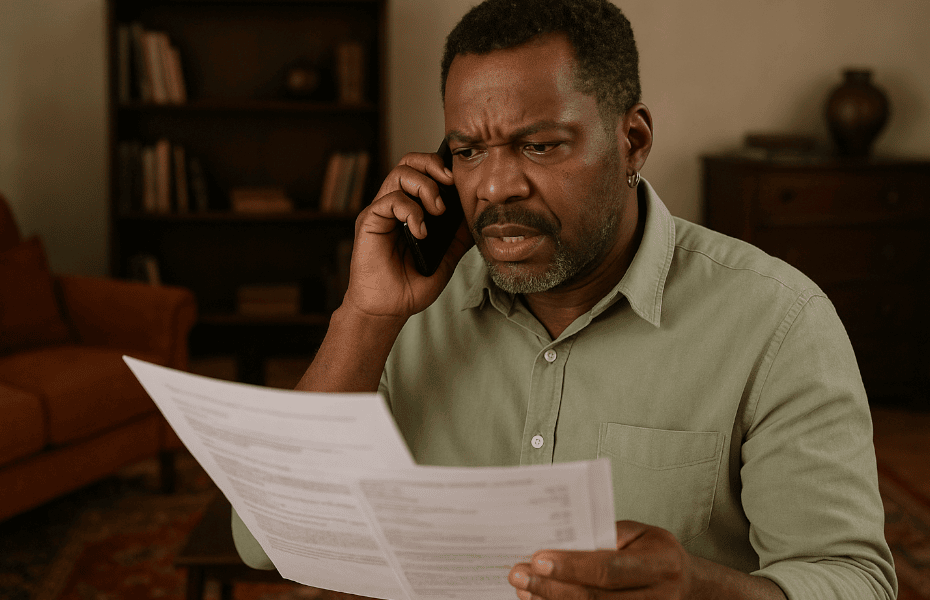 homme faisant une réclamation à Crédal par téléphone, en tenant des documents à la main