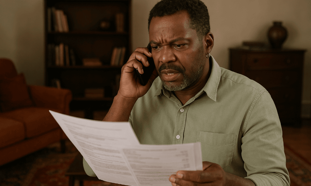 homme faisant une réclamation à Crédal par téléphone, en tenant des documents à la main