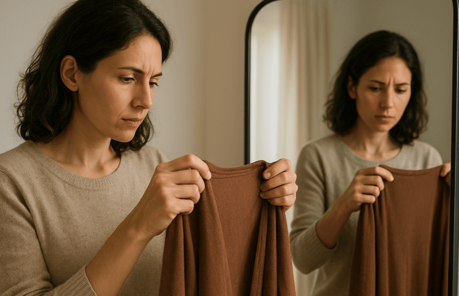 femme regardant un vêtement marron acheté chez Dries Van Noten