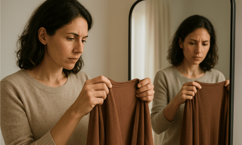 femme regardant un vêtement marron acheté chez Dries Van Noten