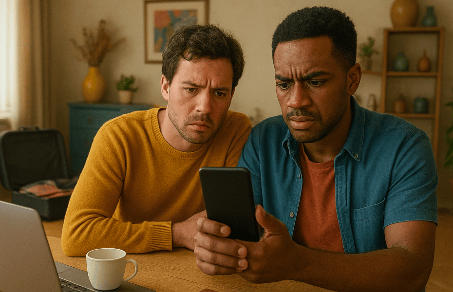 deux hommes envoyant un mail de réclamation à eDreams depuis un smartphone