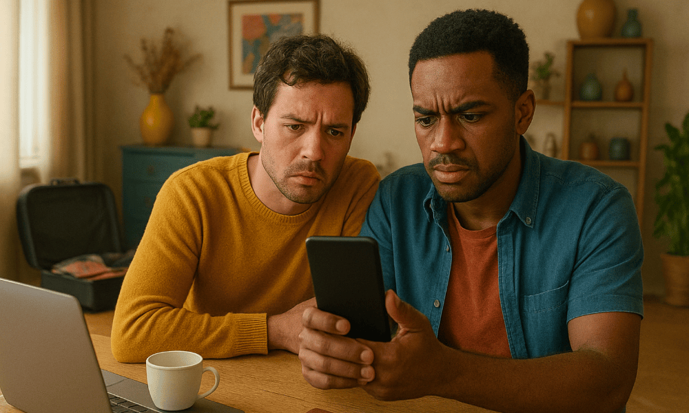 deux hommes envoyant un mail de réclamation à eDreams depuis un smartphone