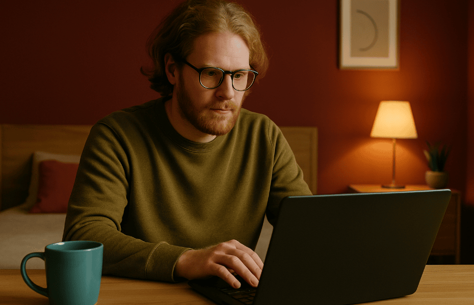 homme rédigeant un message de réclamation à Etilik Wear sur son ordinateur portable