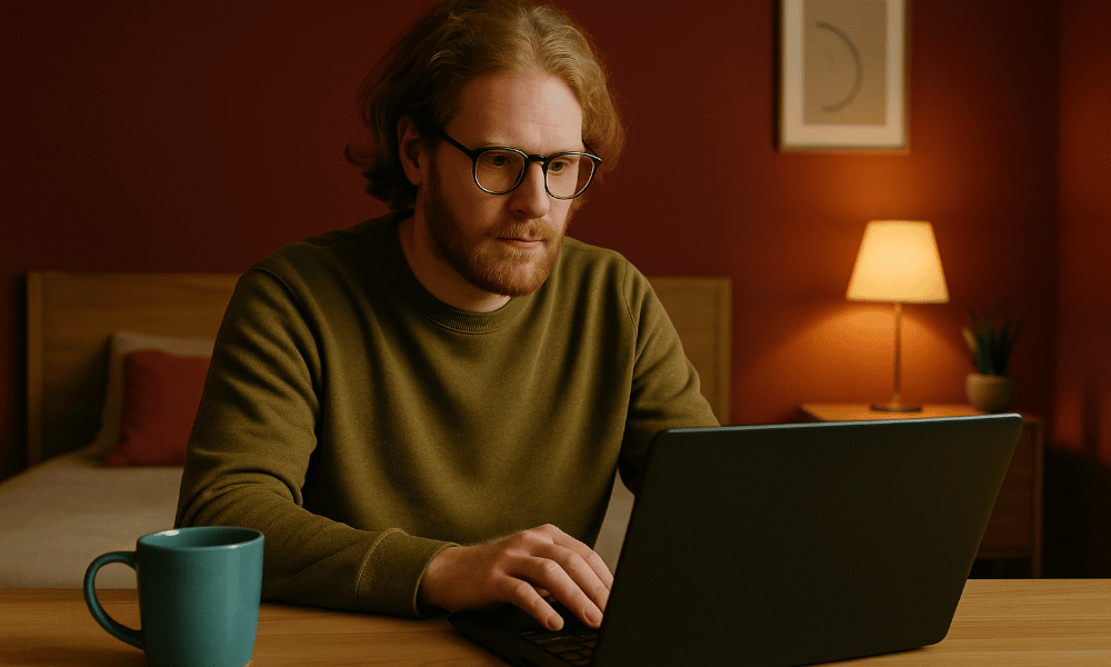 homme rédigeant un message de réclamation à Etilik Wear sur son ordinateur portable