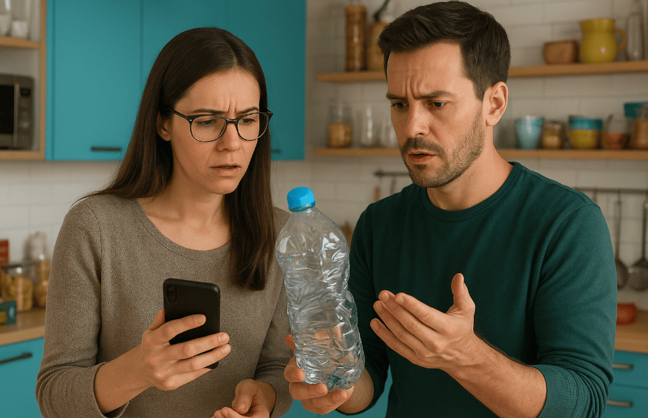 un couple fait une réclamation au sujet d'une bouteille Evian via un smartphone
