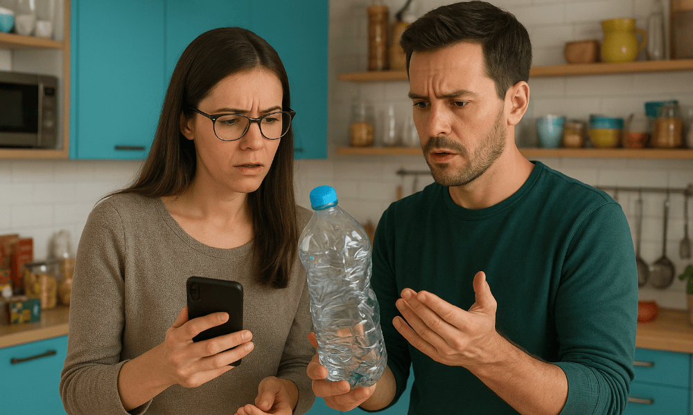 un couple fait une réclamation au sujet d'une bouteille Evian via un smartphone