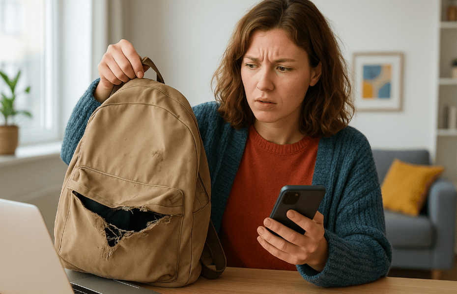 jeune femme avec son smartphone à la main, constatant un défaut sur son sac à dos Kipling