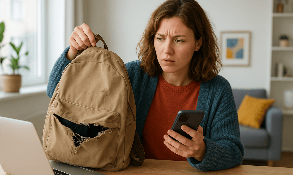 jeune femme avec son smartphone à la main, constatant un défaut sur son sac à dos Kipling