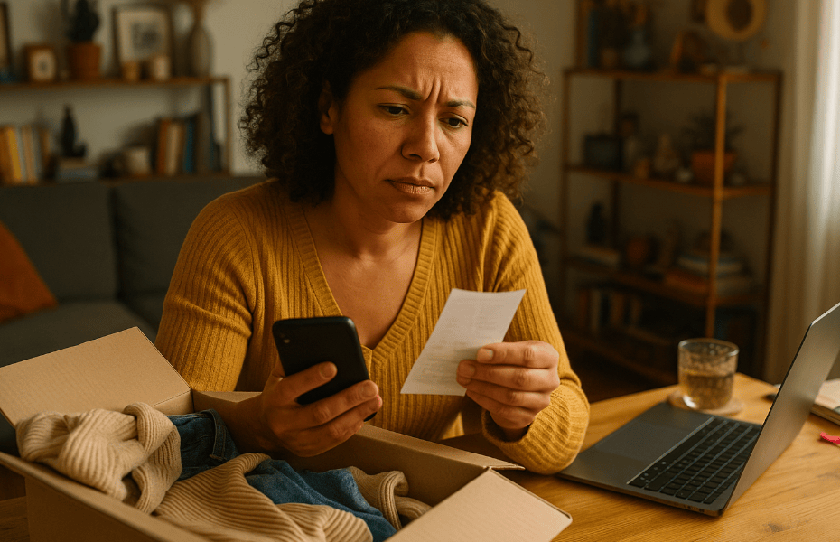 femme envoyant une réclamation à La Redoute