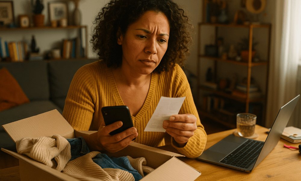 femme envoyant une réclamation à La Redoute