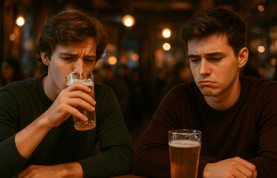 deux amis buvant des bières Leffe dans un bar mais ayant l'air déçu