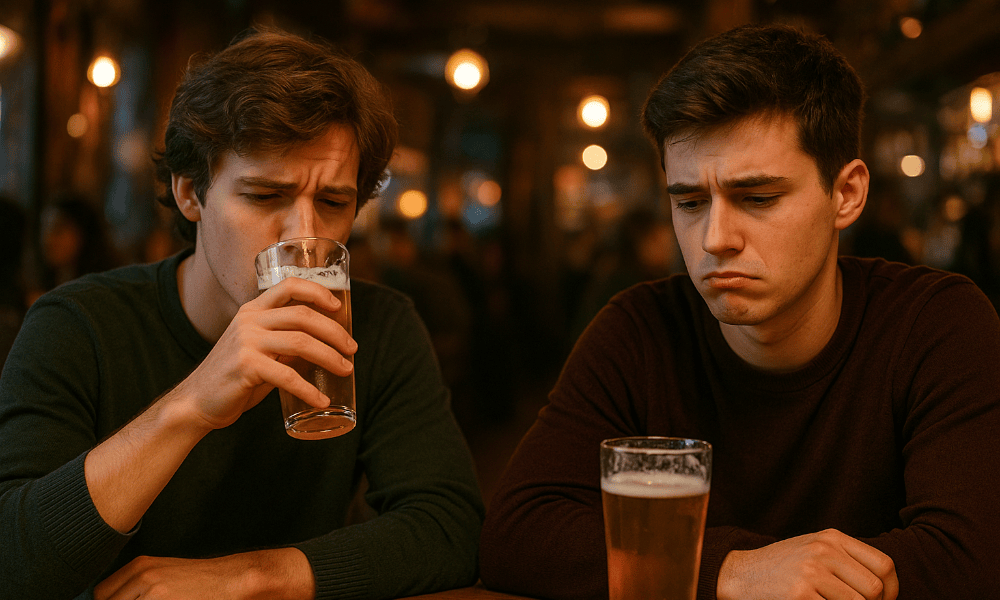 deux amis buvant des bières Leffe dans un bar mais ayant l'air déçu
