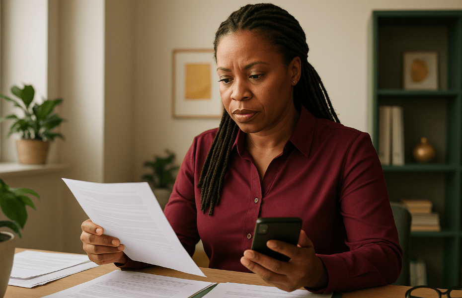 femme consultant un contrat Liantis et s'apprêtant à passer un appel de réclamation