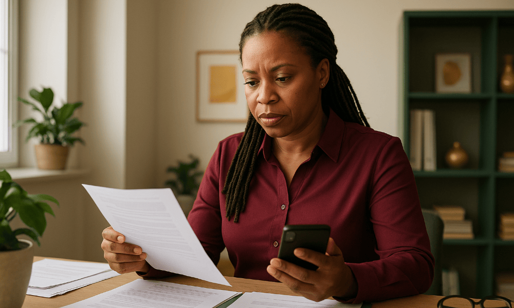 femme consultant un contrat Liantis et s'apprêtant à passer un appel de réclamation