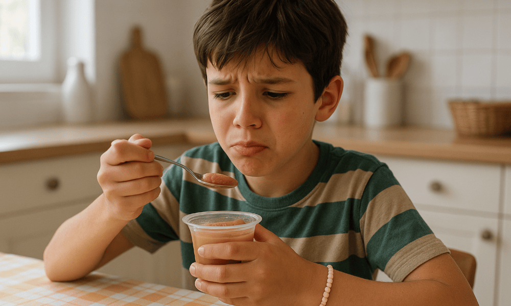 petit garçon mangeant une compote Materne ayant un mauvais goût