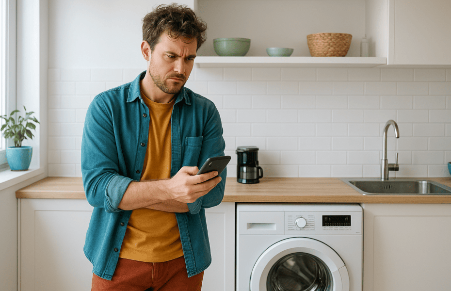 homme faisant une réclamation via son smartphone pour une machine à laver Miele cassée