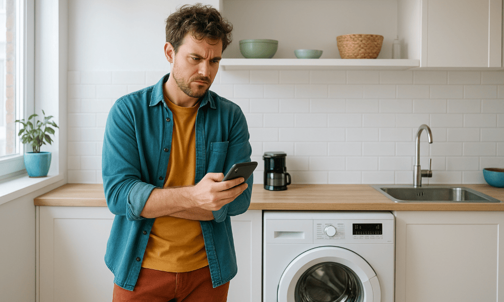 homme faisant une réclamation via son smartphone pour une machine à laver Miele cassée
