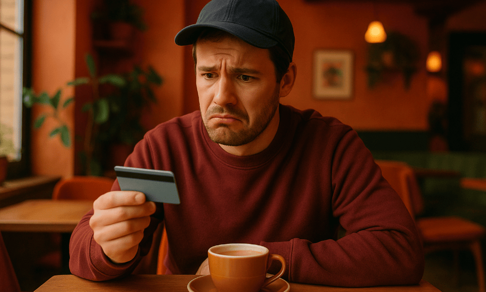 homme ayant un souci avec sa carte bancaire Monizze