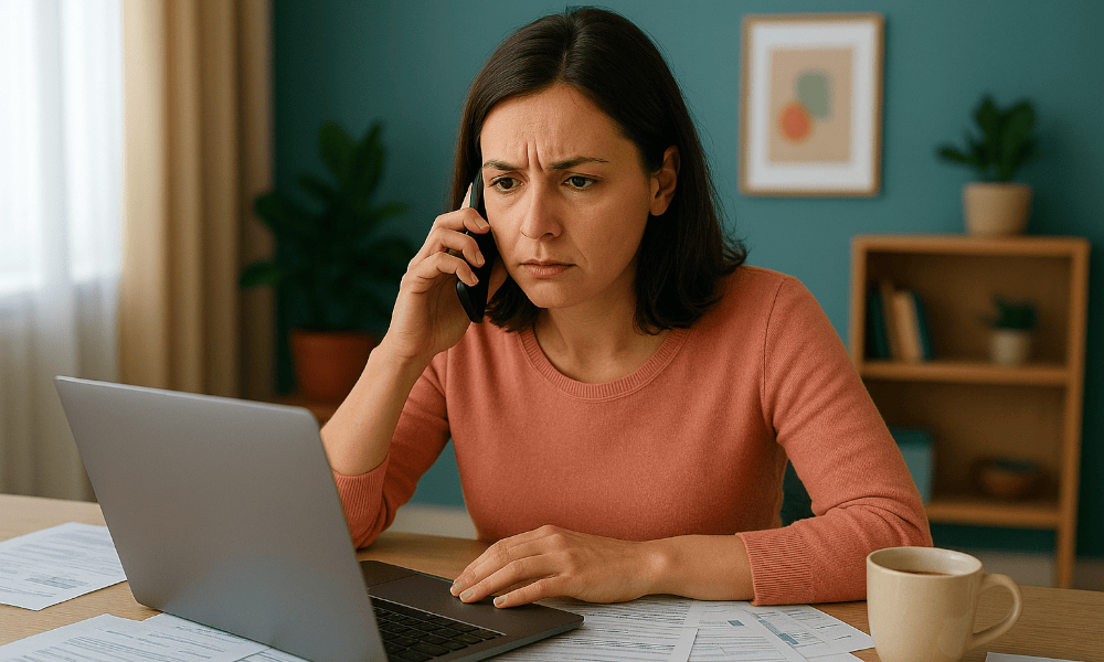 femme faisant une réclamation à Partenamut à la fois par téléphone et en ligne