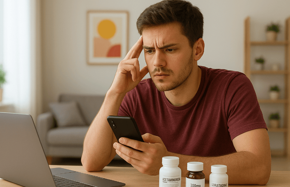 homme avec son ordinateur et son smartphone, faisant une réclamation à Pharmashopi