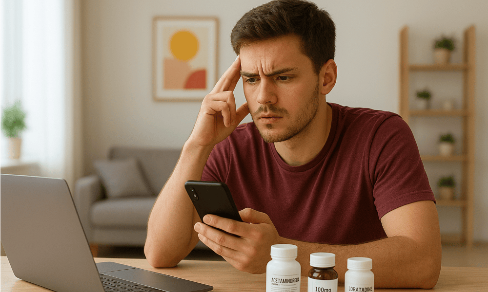 homme avec son ordinateur et son smartphone, faisant une réclamation à Pharmashopi