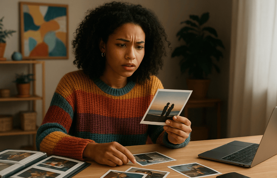 jeune femme venant de recevoir des photos Photobox qui ne lui conviennent pas