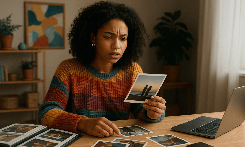 jeune femme venant de recevoir des photos Photobox qui ne lui conviennent pas