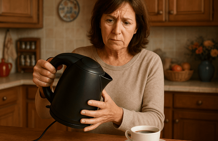 femme remarquant un défaut sur une bouilloire noire Russell Hobbs