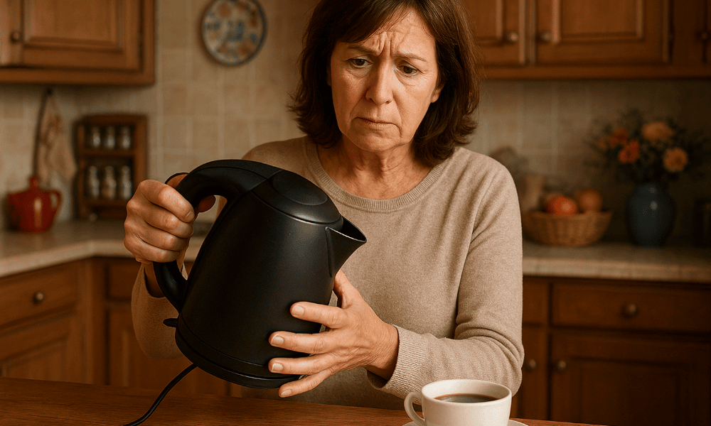 femme remarquant un défaut sur une bouilloire noire Russell Hobbs