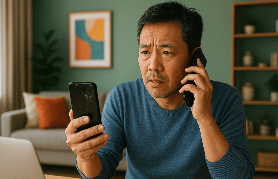 homme appelant le SAV de Samsung pour faire une réclamation au sujet d'un smartphone cassé