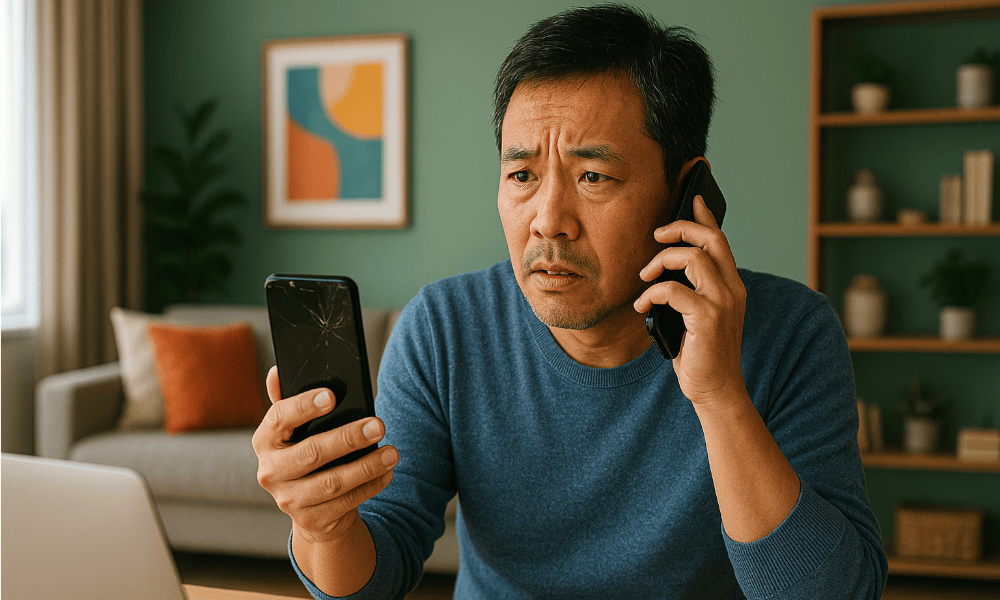 homme appelant le SAV de Samsung pour faire une réclamation au sujet d'un smartphone cassé