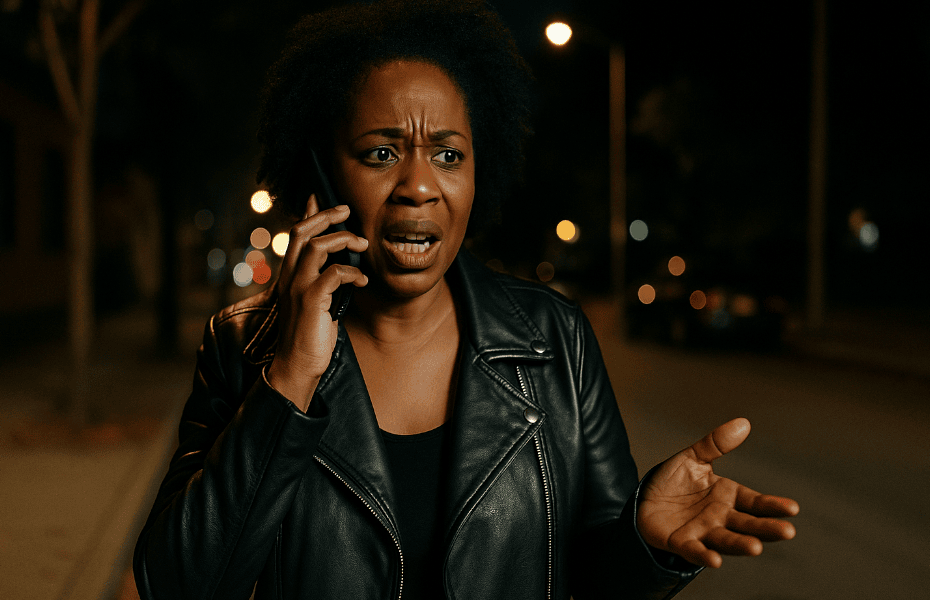 femme dans la rue faisant une réclamation au service clients Showroomprivé au téléphone