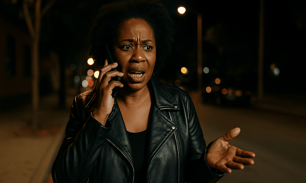 femme dans la rue faisant une réclamation au service clients Showroomprivé au téléphone