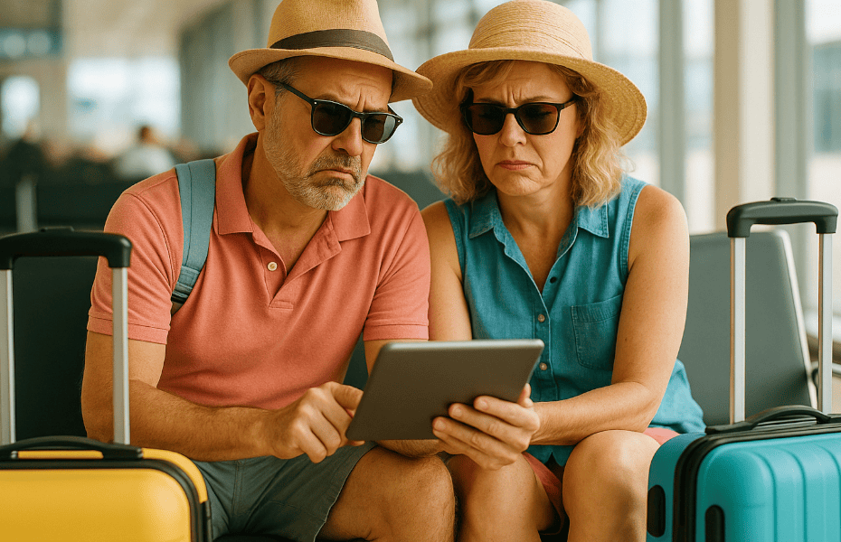 couple à l'aéroport rencontrant un problème avec leur réservation Sunweb