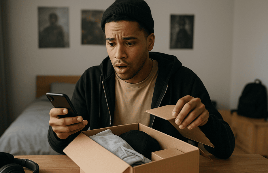 homme faisant une réclamation à Temu sur son smartphone