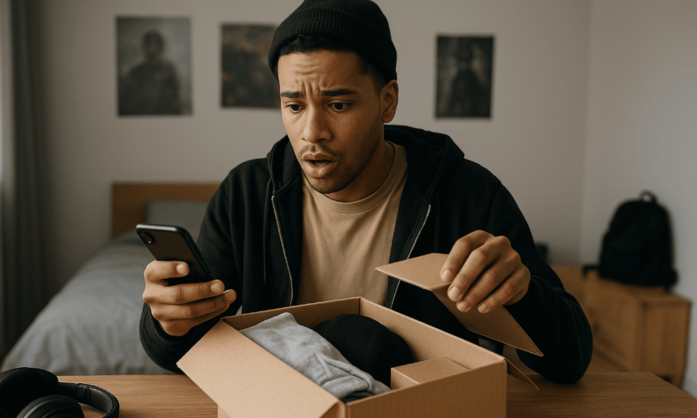 homme faisant une réclamation à Temu sur son smartphone