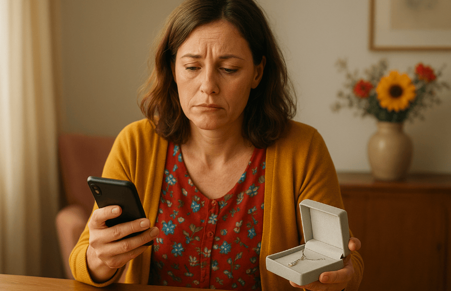 femme faisant une réclamation au sujet d'un collier Twice as Nice