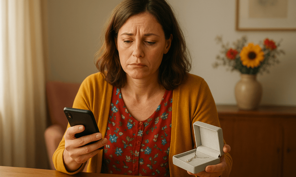 femme faisant une réclamation au sujet d'un collier Twice as Nice