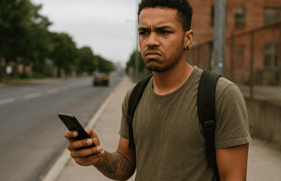 jeune homme attendant un Uber et faisant une réclamation sur son smartphone